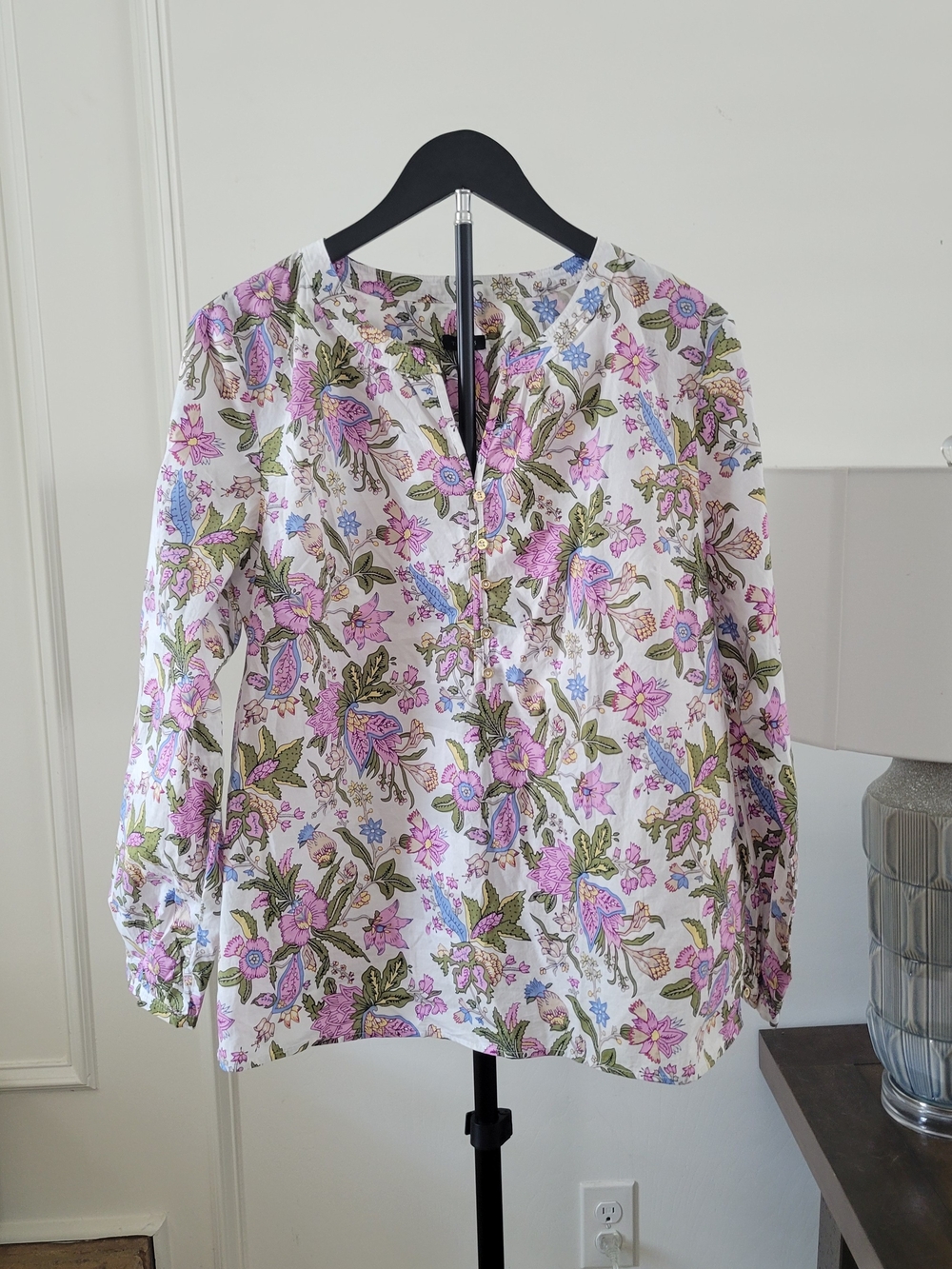 Talbots White Floral Peasant Blouse with Pink and Green Accents
